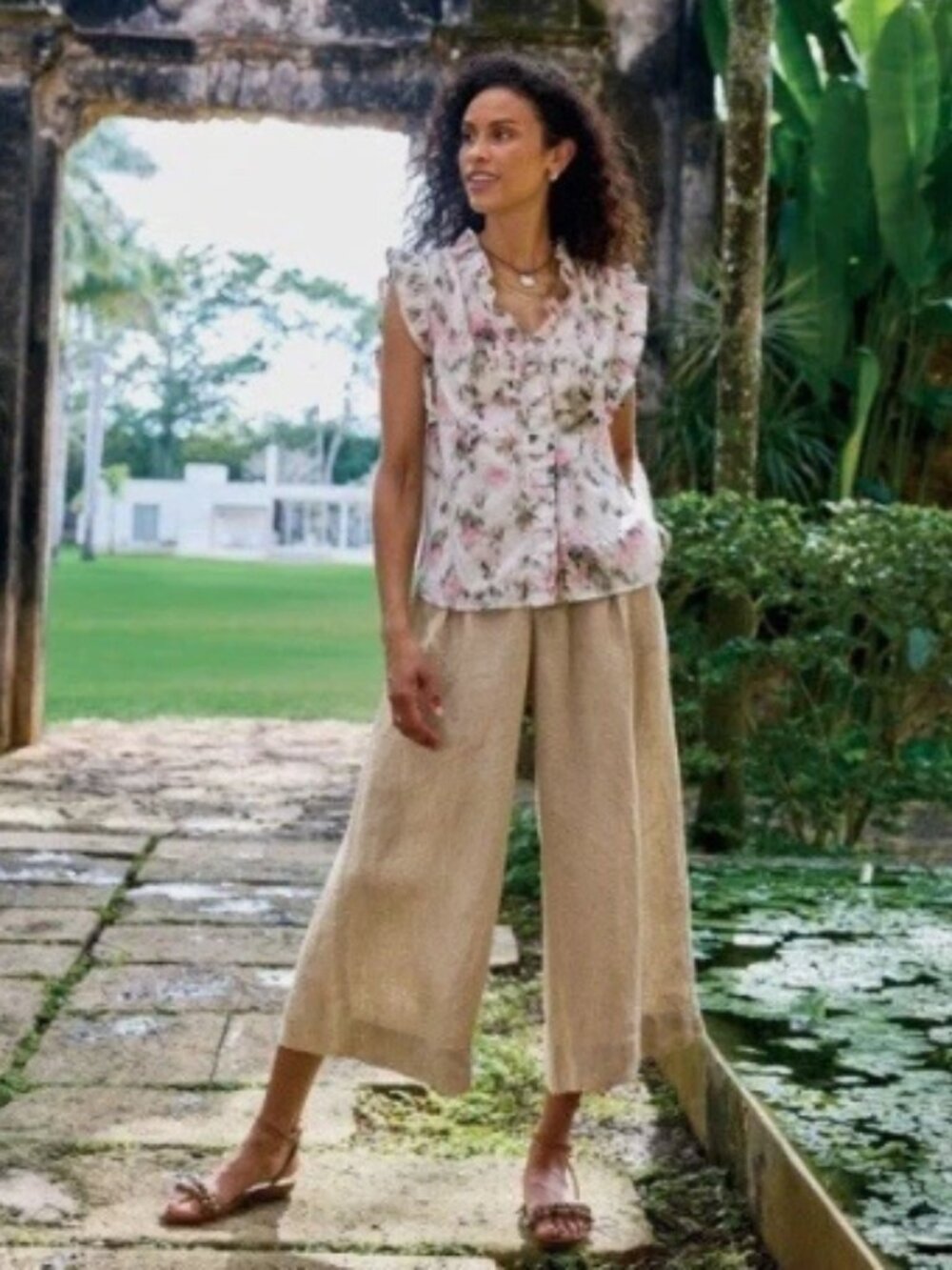NWT Sundance Catalog Essie 100% Linen Tan Wide Leg Crop Pants Size 10
